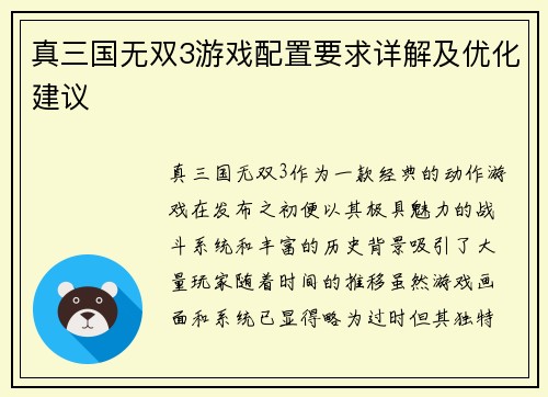 真三国无双3游戏配置要求详解及优化建议